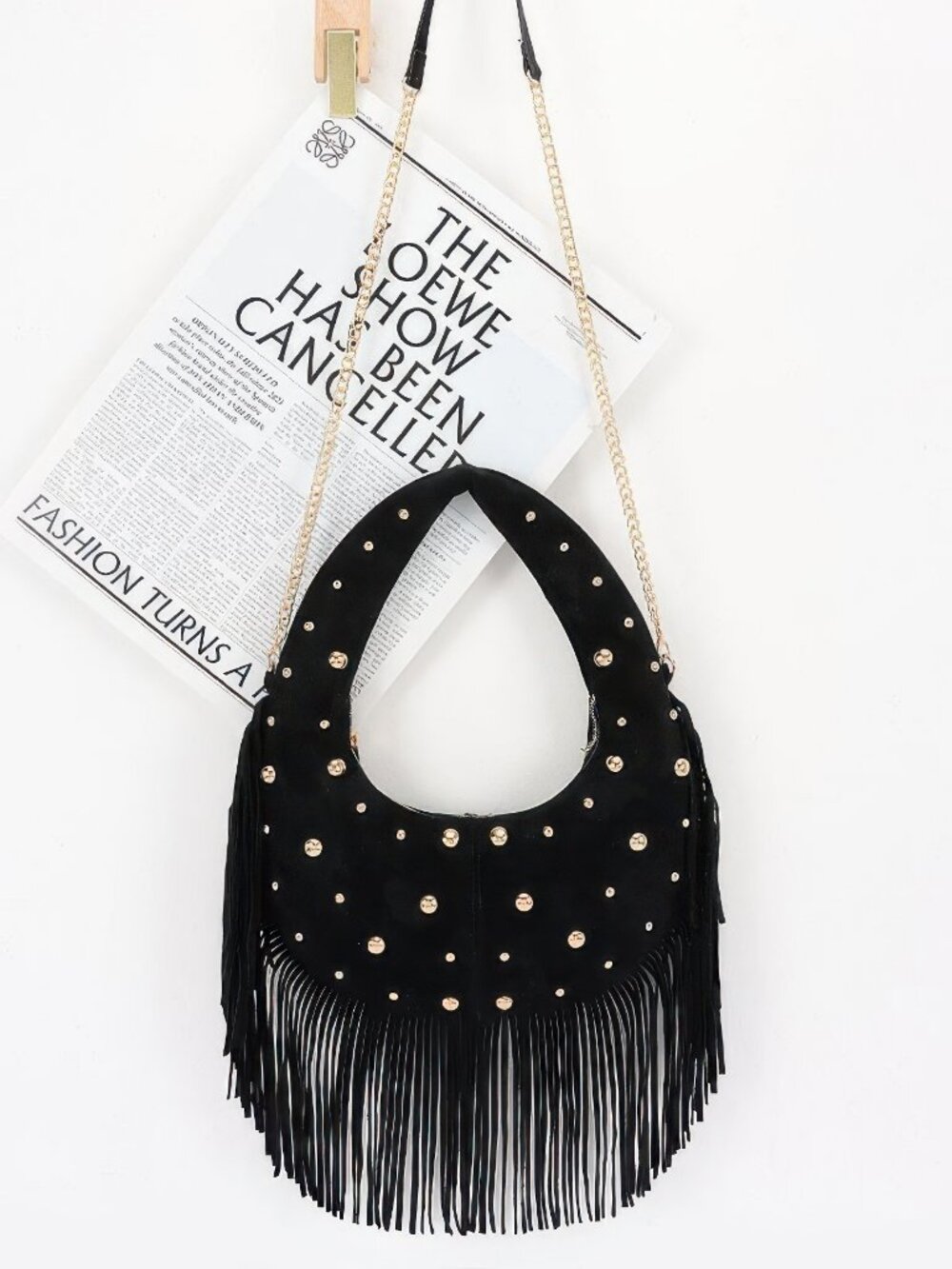 Faux Suede Metal Studded Fringe Hobo Bag